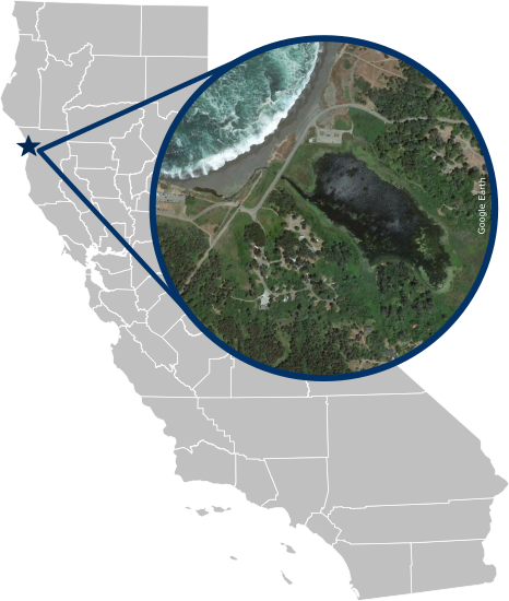 Map of California showing location of Lake Cleone, with photo