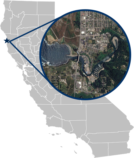 Map of California showing location of Noyo River, with photo