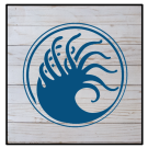 Stylized blue wave logo inside circle on whitewashed wooden planks